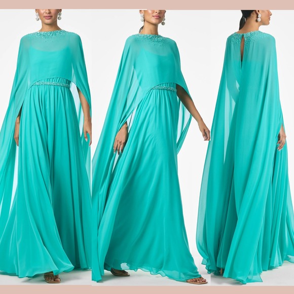NWT $1095 Sachin & Babi [ 8 ] Lavina Beaded Gown with Cape in Turquoise‎ #J1528 - Picture 2 of 16